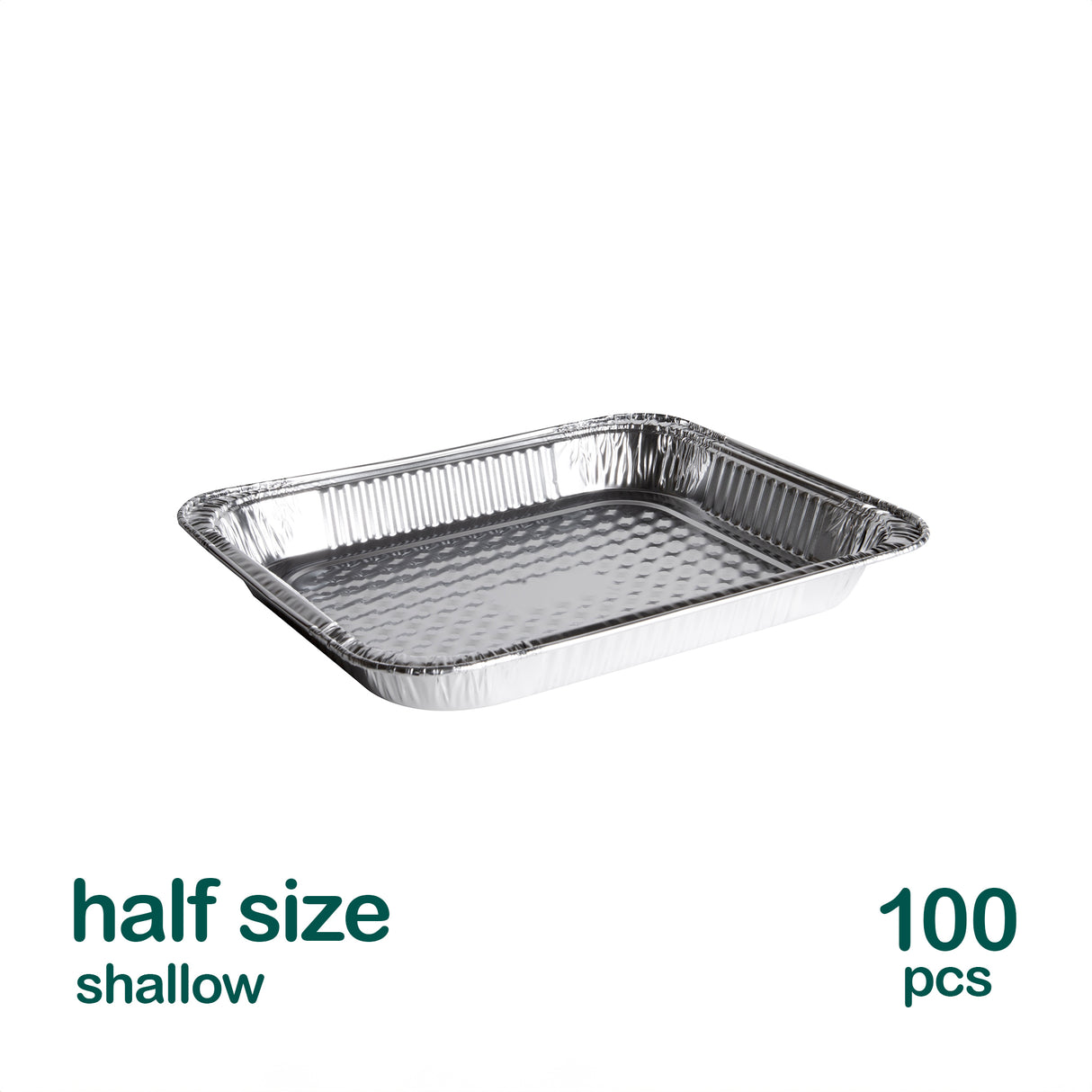 An image showing a half size shallow aluminum steam pan, indicating it comes in a pack of 100 pieces.