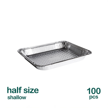 An image showing a half size shallow aluminum steam pan, indicating it comes in a pack of 100 pieces.