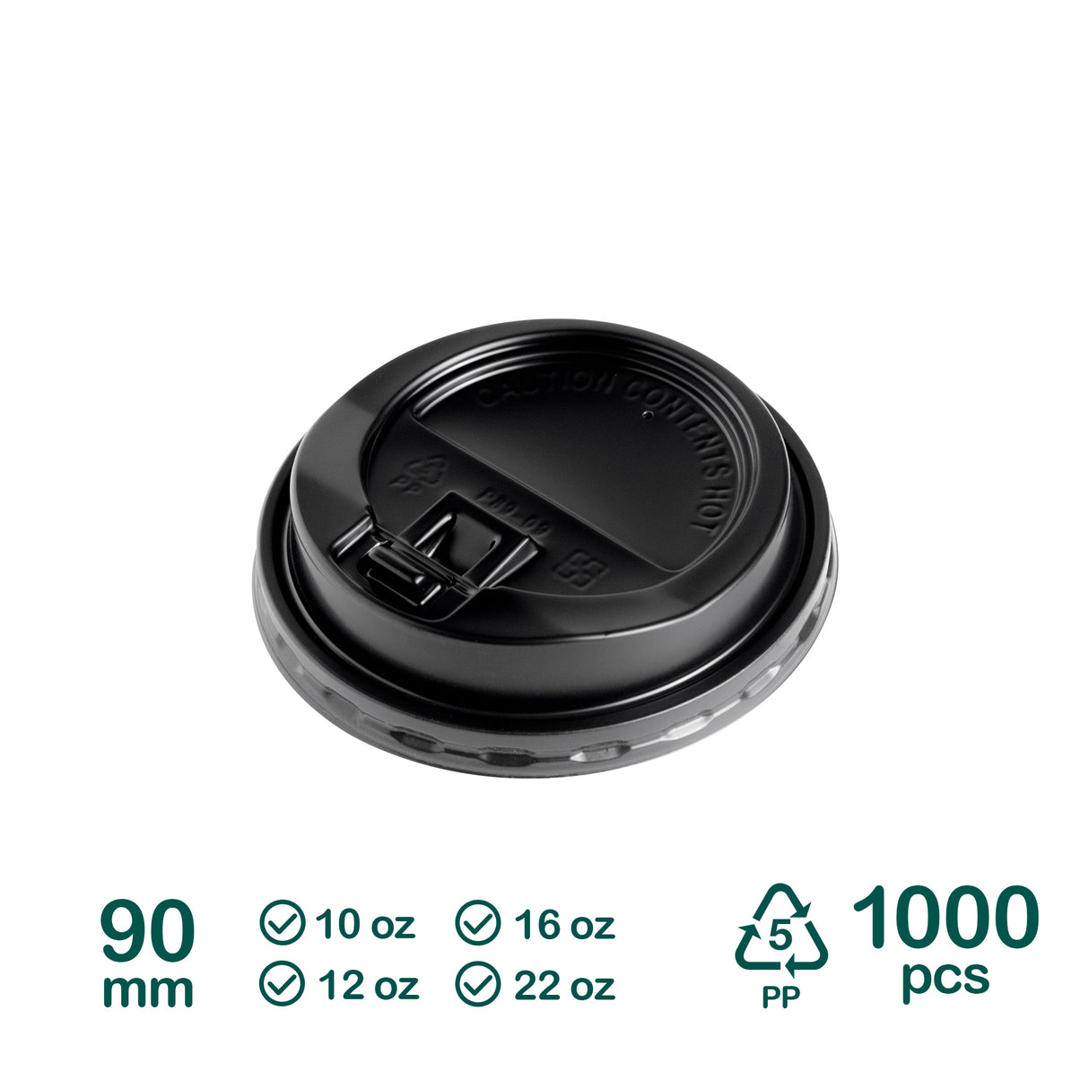 90mm Black PP Lids for 12oz 16oz 22oz Paper Cups, 1000 pcs