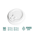 A white polypropylene lid for paper cups, indicating compatibility with 10oz, 12oz, 16oz, and 22oz cups, with a label stating '90 mm' and '1000 pcs'.