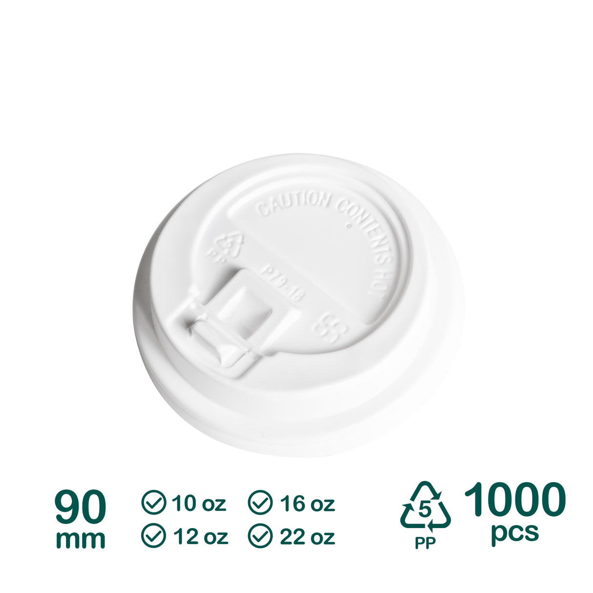 A white polypropylene lid for paper cups, indicating compatibility with 10oz, 12oz, 16oz, and 22oz cups, with a label stating '90 mm' and '1000 pcs'.