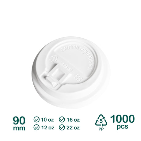 A white polypropylene lid for paper cups, indicating compatibility with 10oz, 12oz, 16oz, and 22oz cups, with a label stating '90 mm' and '1000 pcs'.