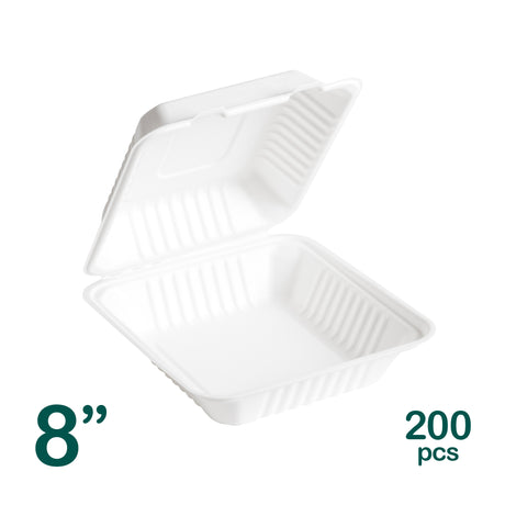 8 inch white eco friendly bagasse 1 compartment food container shot from 3/4 angle.