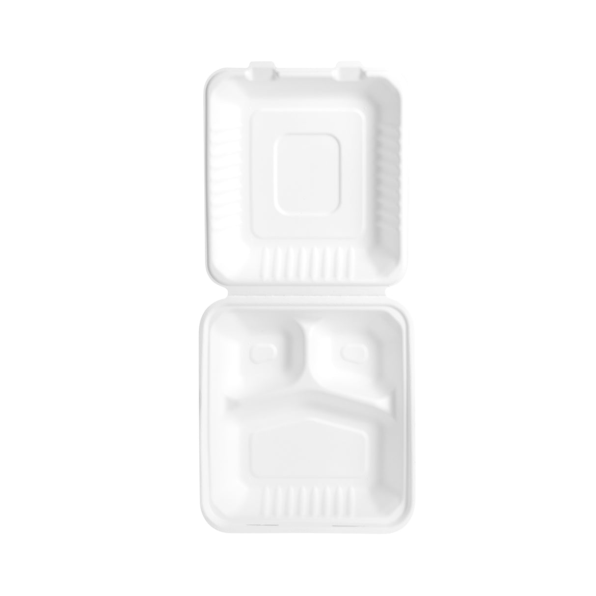 8 inch White Bagasse Clamshell Containers, 3 Compartment, 200 pcs