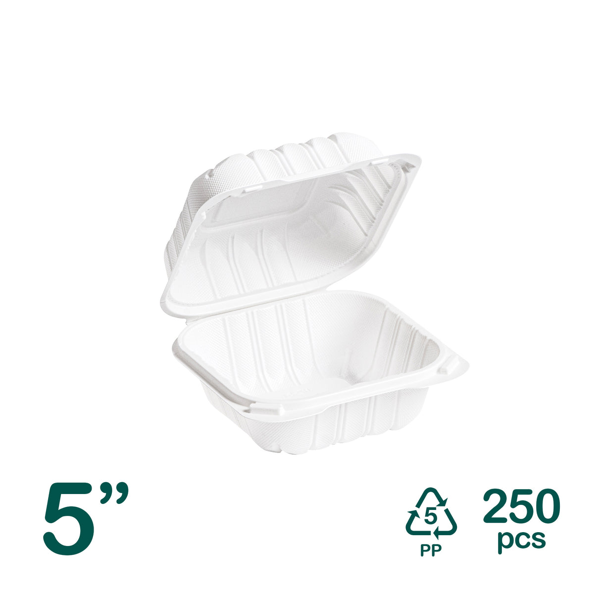 5 inch Plastic MFPP Hinged Clamshell Containers, 250 pcs