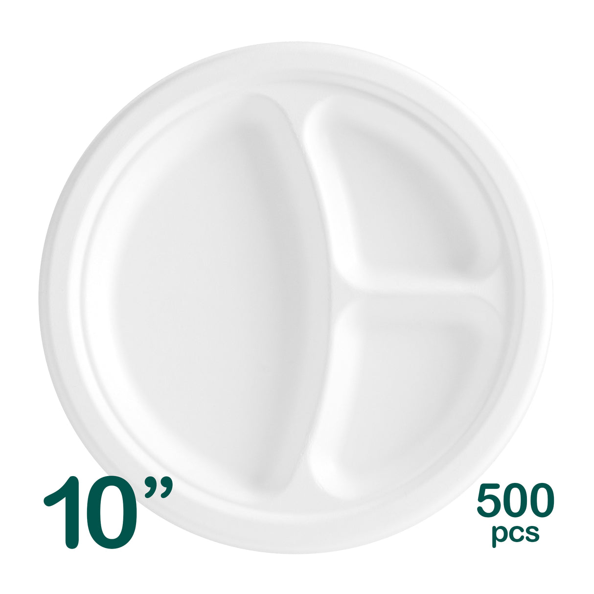 10 inch White Bagasse Round Plates, 3 Compartment, 500 pcs