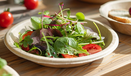 green salad on eco friendly, compostable plate