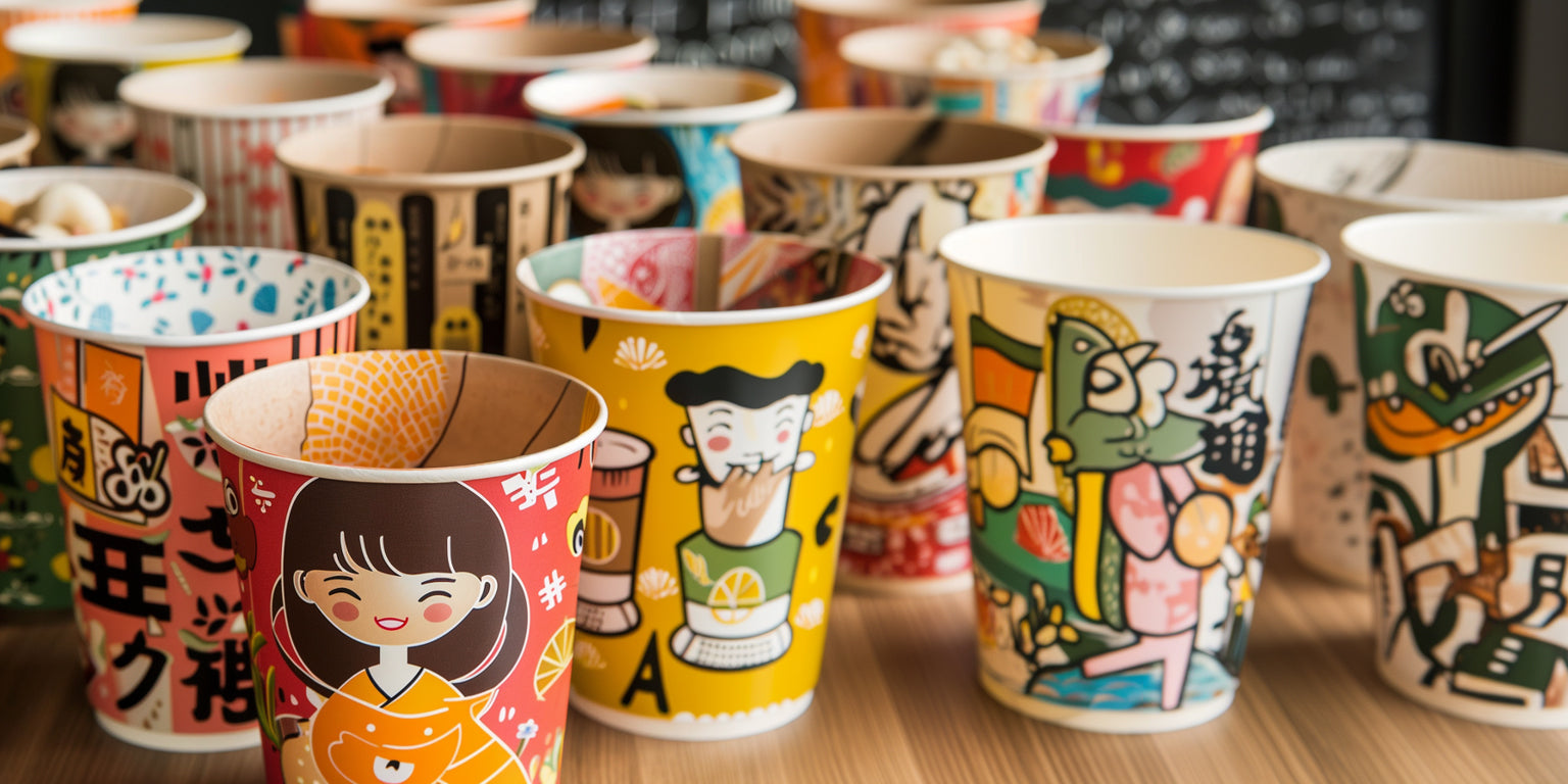 customized hot paper cups with colourful cute cartoon characters printed