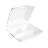 white eco friendly bagasse 3 compartment food container shot from 3/4 angle