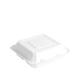 white compostable bagasse 3 compartment food container shot from 3/4 angle