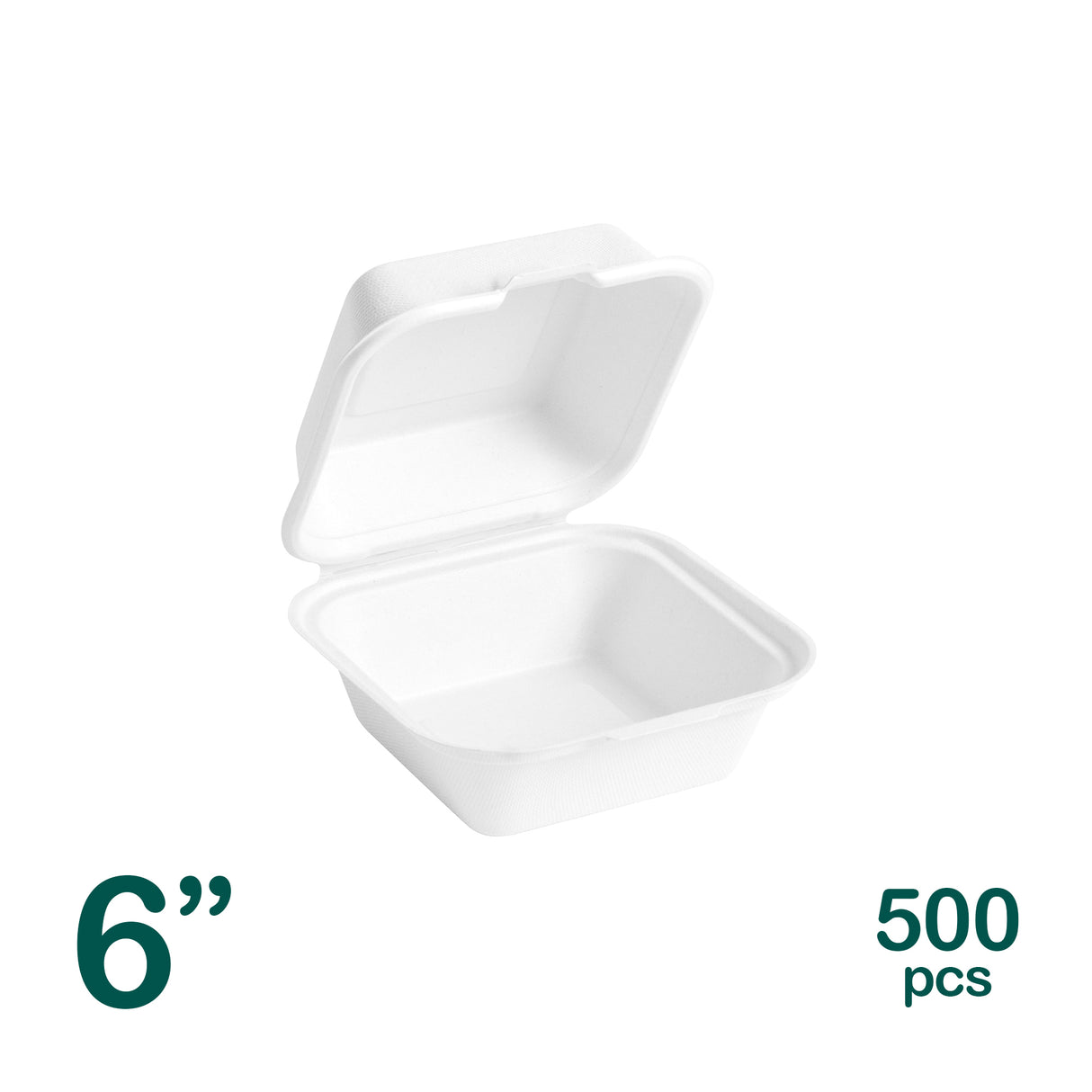 6 inch white eco friendly bagasse 1 compartment food container shot from 3/4 angle.