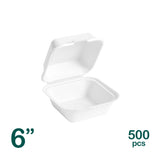 6 inch white eco friendly bagasse 1 compartment food container shot from 3/4 angle.