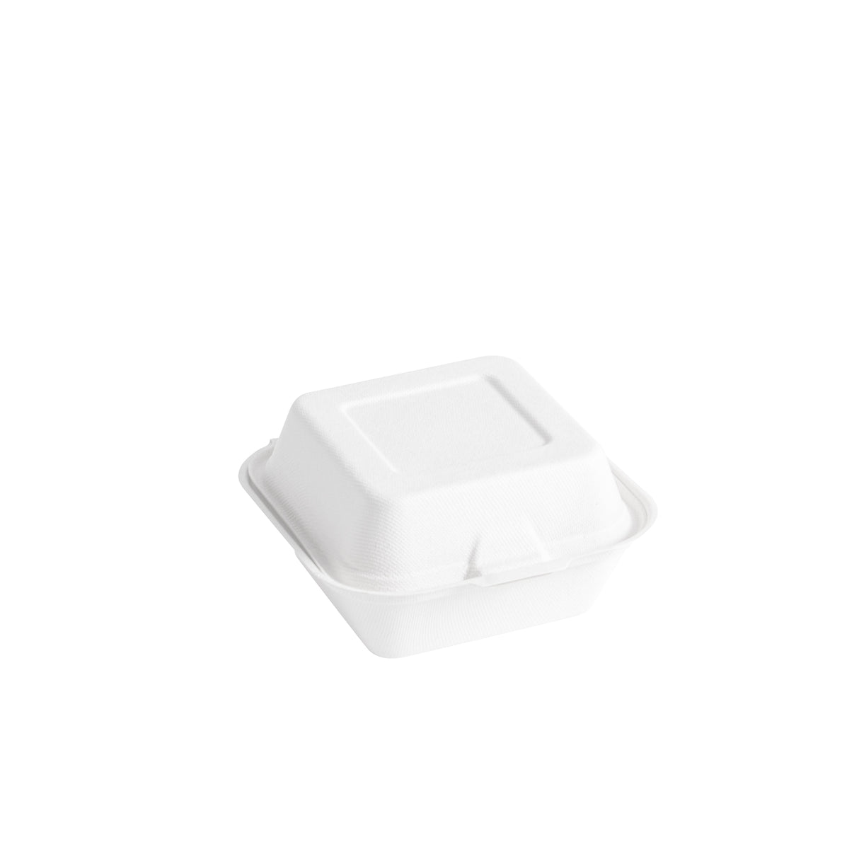 6 inch closed white biodegradable bagasse 1 compartment food container shot from 3/4 angle.