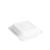 8 inch closed white biodegradable bagasse 1 compartment food container shot from 3/4 angle.