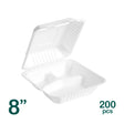 8 inch white eco friendly bagasse 3 compartment food container shot from 3/4 angle.