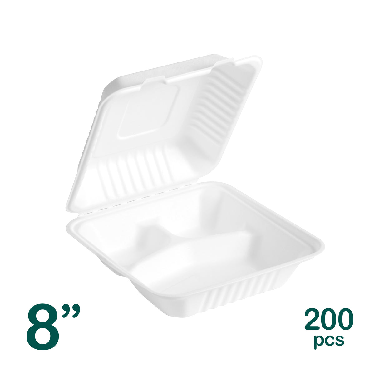 8 inch white eco friendly bagasse 3 compartment food container shot from 3/4 angle.