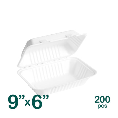 9 x 6 inch white eco friendly bagasse 1 compartment food container shot from 3/4 angle.