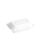 9 x 6 inch closed white biodegradable bagasse 1 compartment food container shot from 3/4 angle.