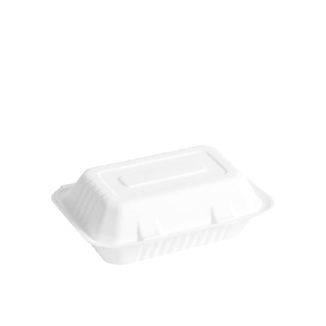 9 x 6 inch closed white biodegradable bagasse 1 compartment food container shot from 3/4 angle.