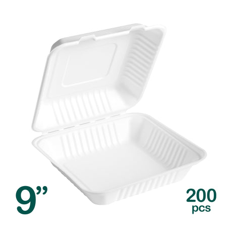 9 inch white eco friendly bagasse 1 compartment food container shot from 3/4 angle.