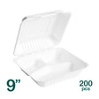 9 inch white eco friendly bagasse 3 compartment food container shot from 3/4 angle.