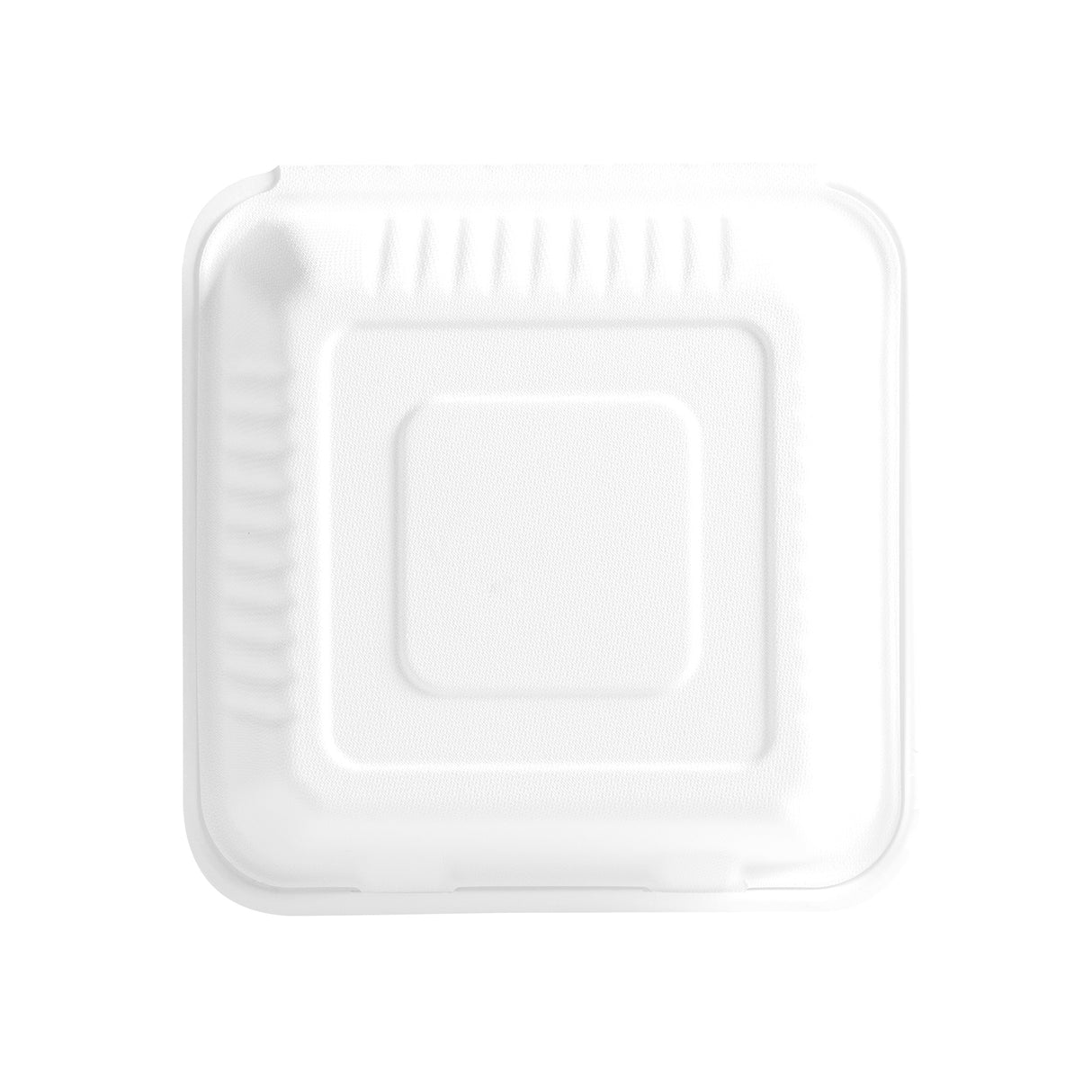 9 inch white biodegradable bagasse 3 compartment food box shot from top angle