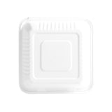 9 inch white biodegradable bagasse 3 compartment food box shot from top angle