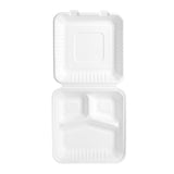 9 inch fully-open white eco bagasse 3 compartment food box shot from top angle