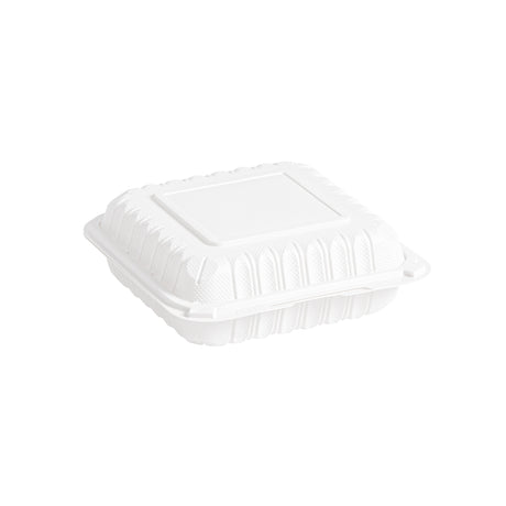 8 inch 1 compartment white MFPP clamshell container, closed