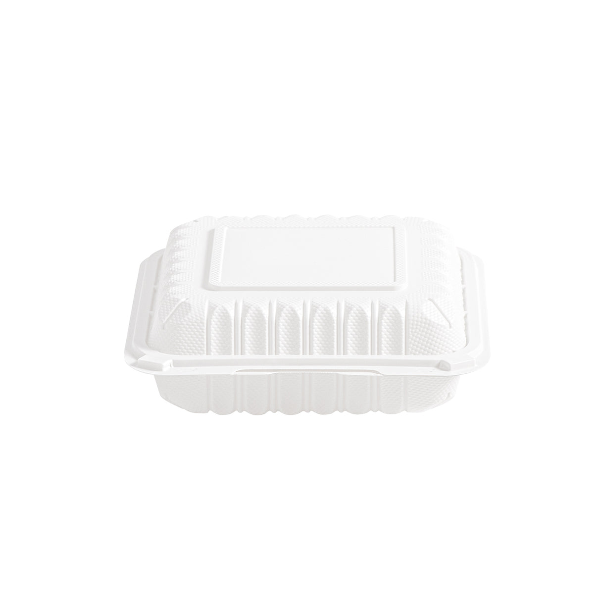 front view 8 inch white MFPP clamshell container, closed