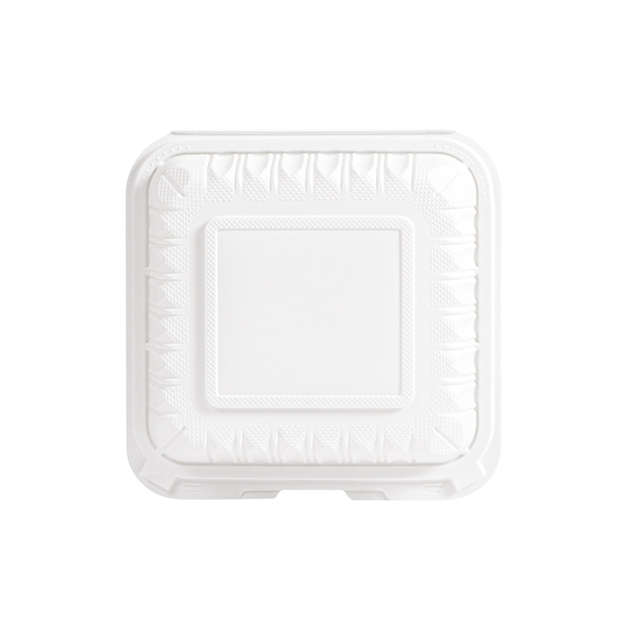 top view of 8 inch 1 compartment white MFPP clamshell container, closed