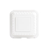 top view of 8 inch 1 compartment white MFPP clamshell container, closed