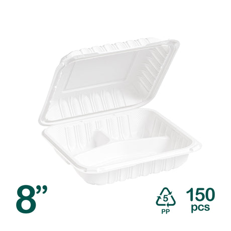 8 inch 3 compartment white MFPP clamshell container