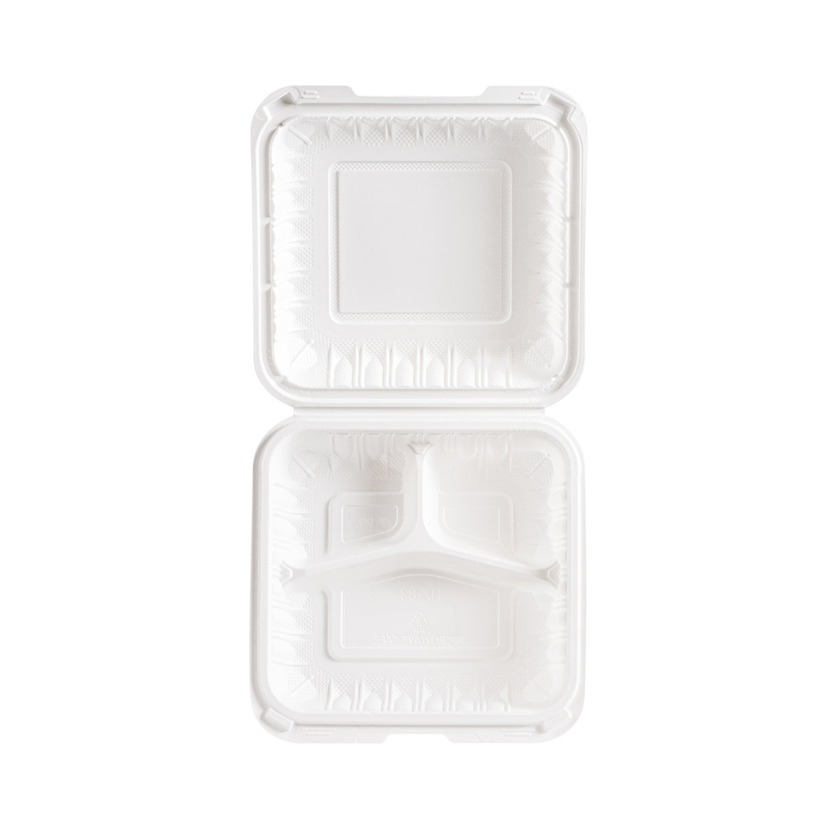 top view of 8 inch 3 compartment white MFPP clamshell container