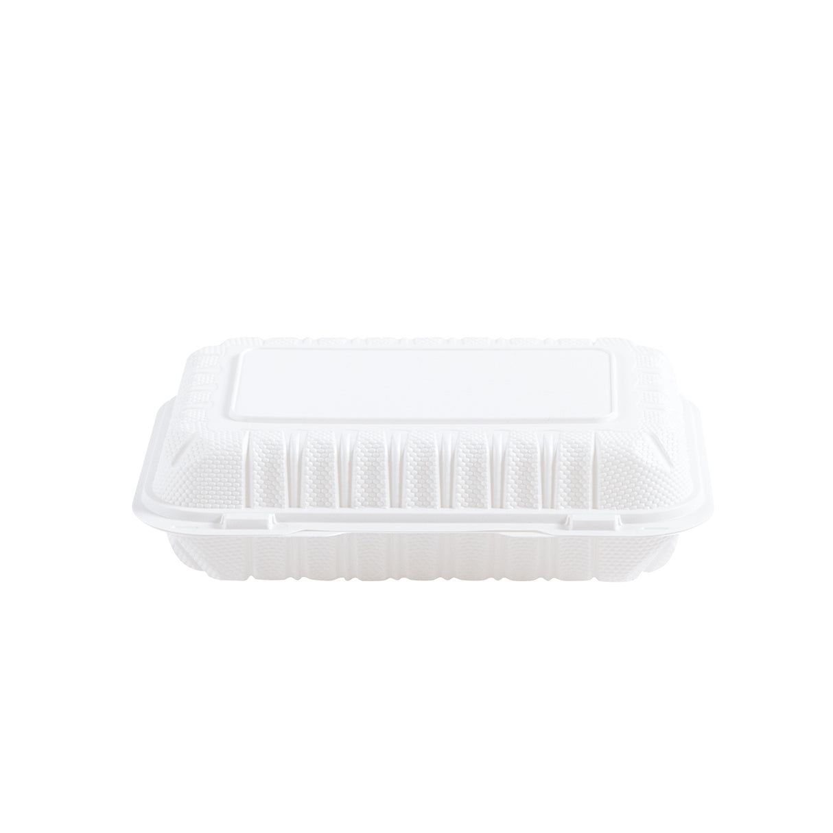 front view of 963 MFPP white clamshell food container, closed