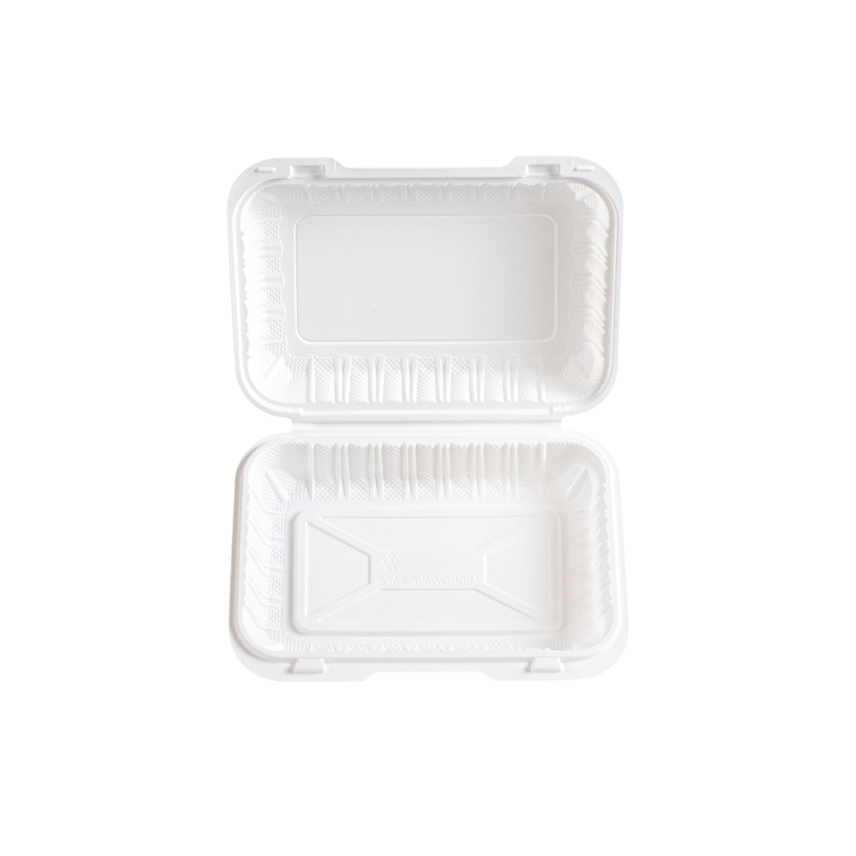 front view of 963 MFPP white clamshell food container