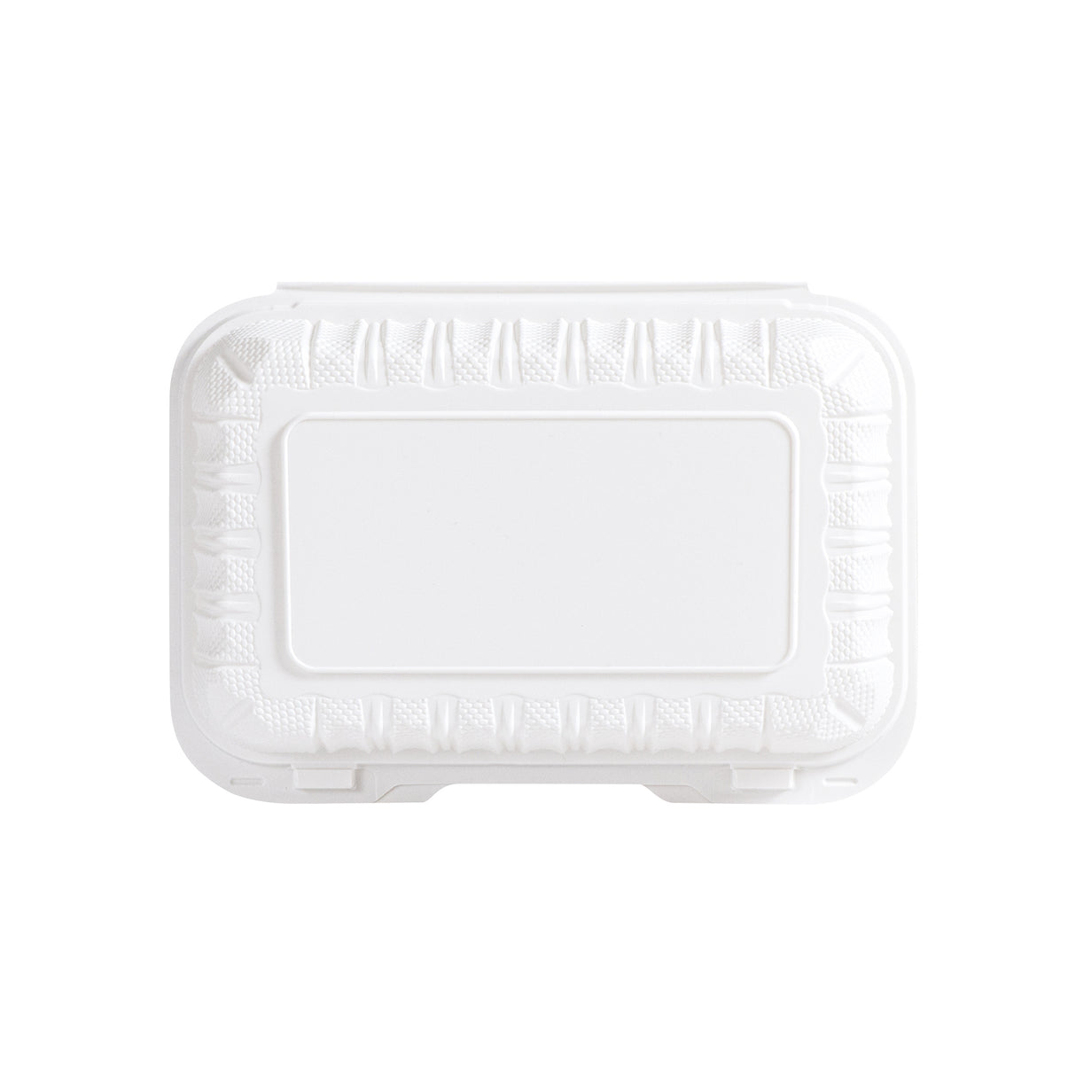 top view of 963 MFPP white clamshell food container, closed