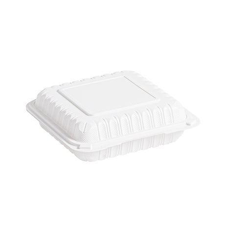 9 inch white MFPP plastic clamshell container, closed