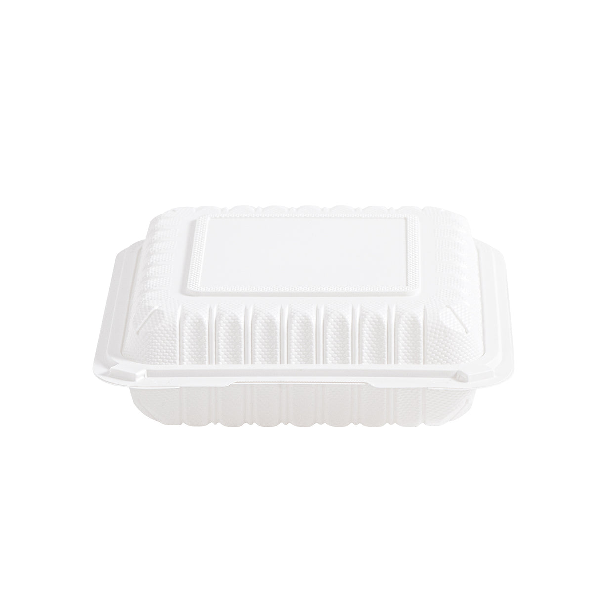 front view of 9 inch white MFPP plastic clamshell container