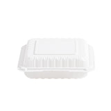 front view of 9 inch white MFPP plastic clamshell container