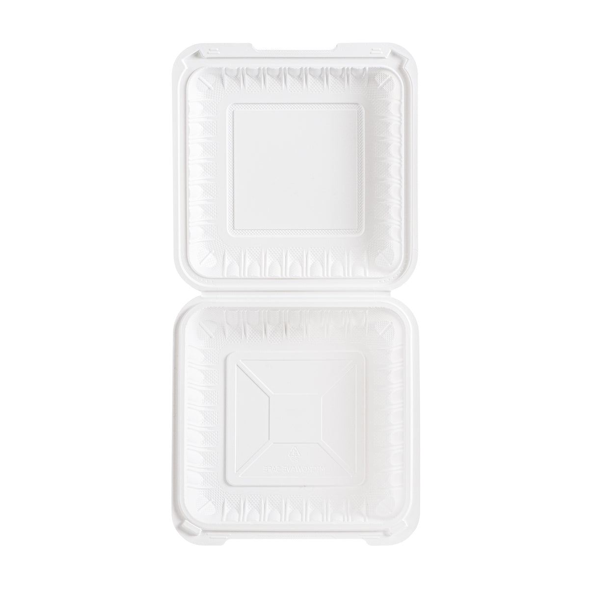 top view of 9 inch 1 compartment white MFPP plastic clamshell container