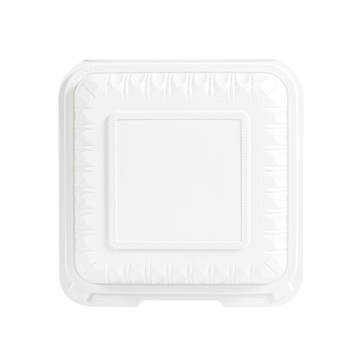 top view of 9 inch 1 compartment white MFPP plastic clamshell container, closed