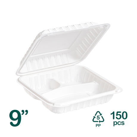 9 inch 3 compartment white MFPP plastic clamshell container