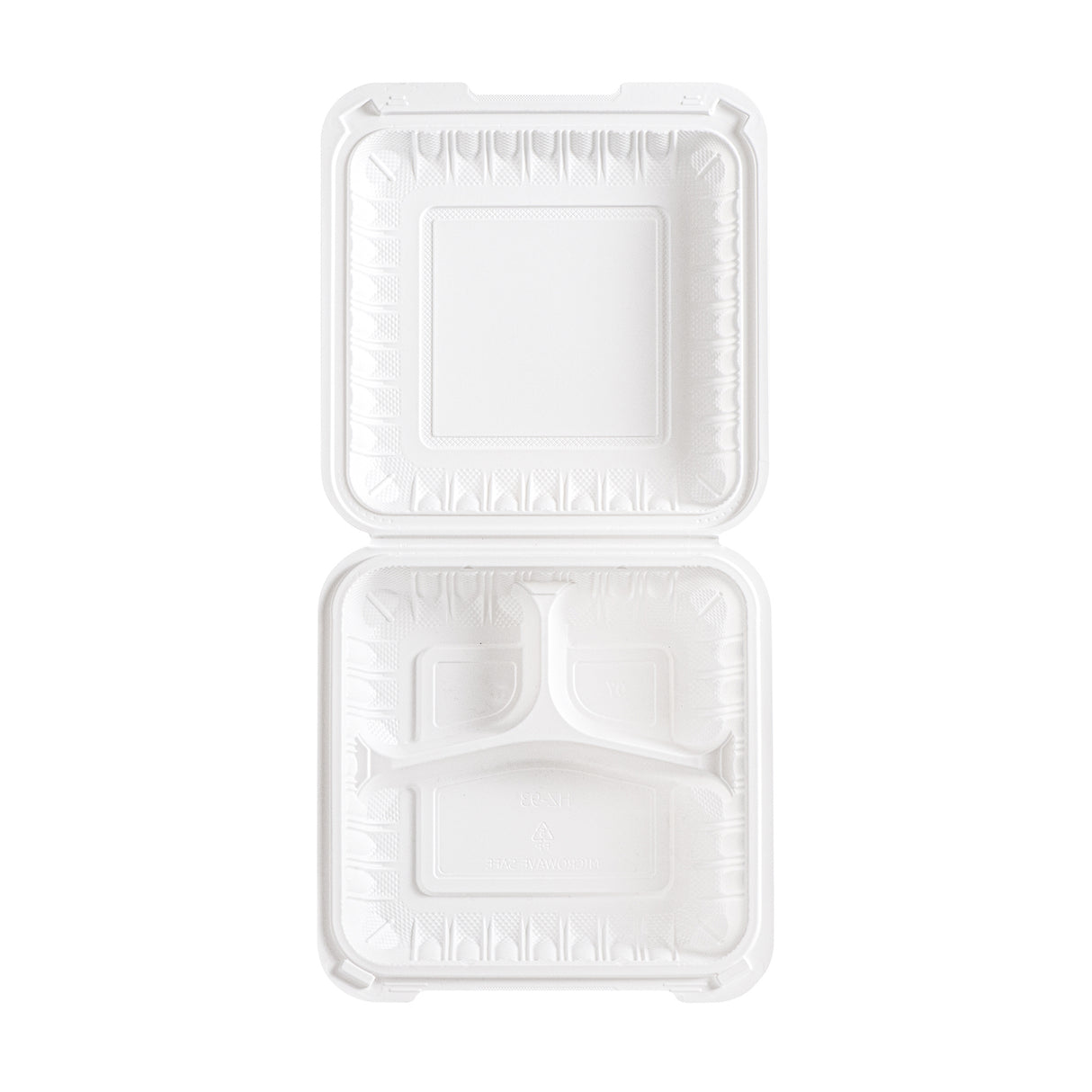 top view of 9 inch 3 compartment white MFPP plastic clamshell container