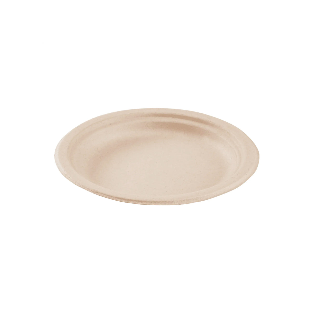 7 inch bagasse plate in natural colour, shot at 3/4 angle