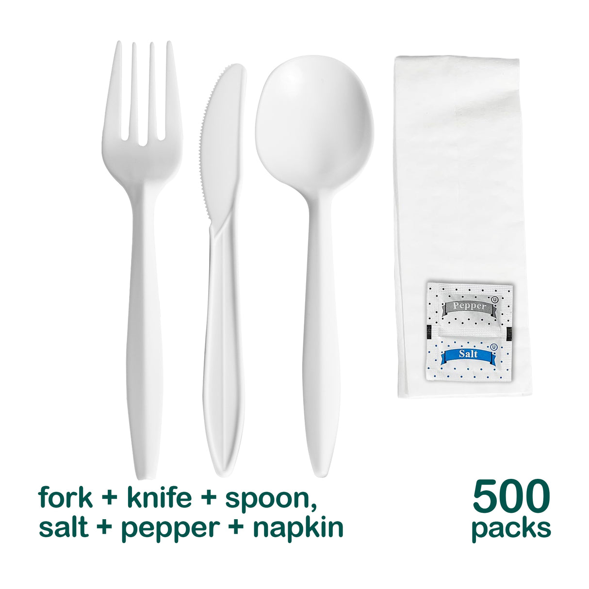 6-pc utensil set, fork, spoon, knife, napkin, pepper & salt, 500 sets