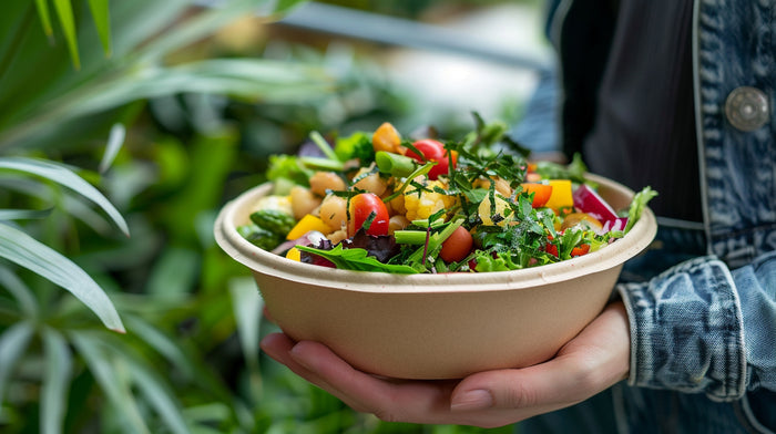 hand holding a bowl of salad using bagasse salad bowl