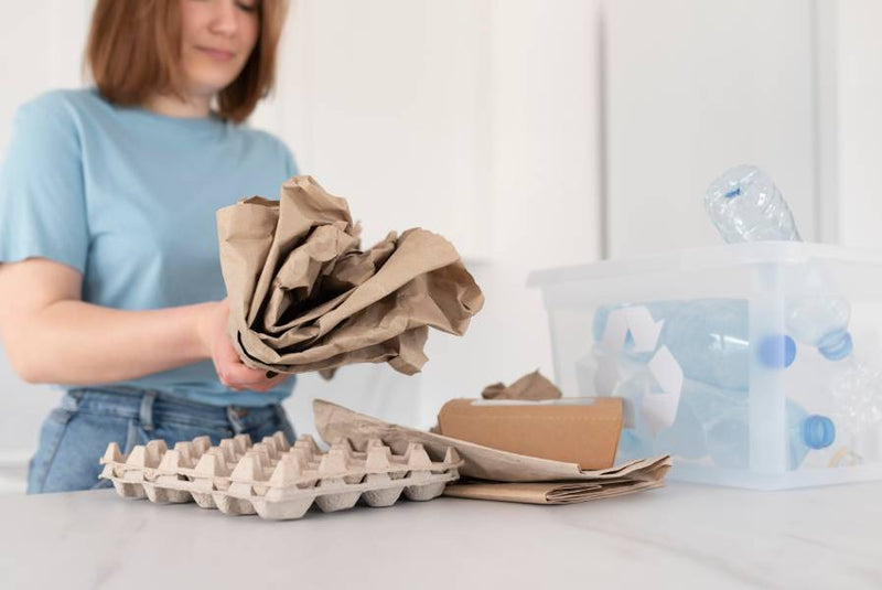 A person in light blue shirt is sorting recyclable materials, including crumpled brown paper, an egg carton, and plastic bottles.